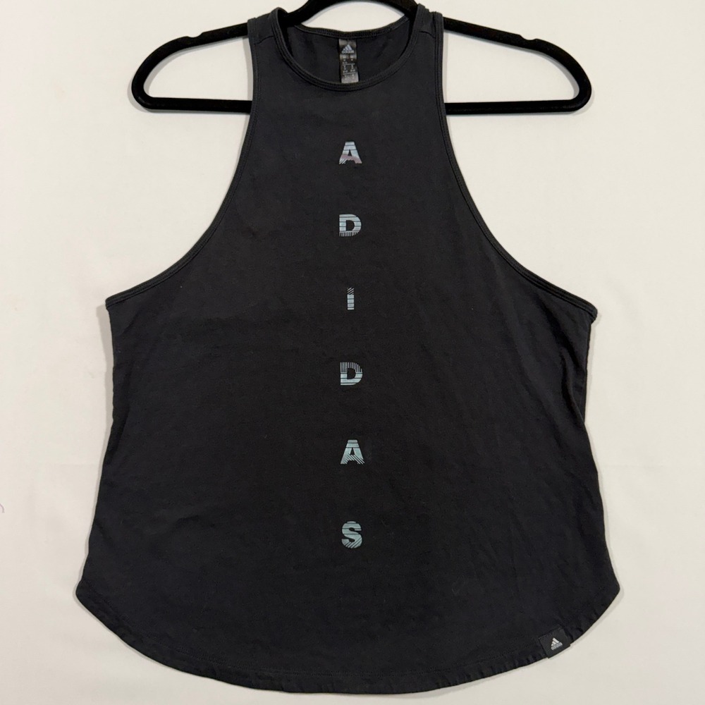 Adidas Womens Tank Top Size M Black Vertical Spellout Logo Athleisure Gym